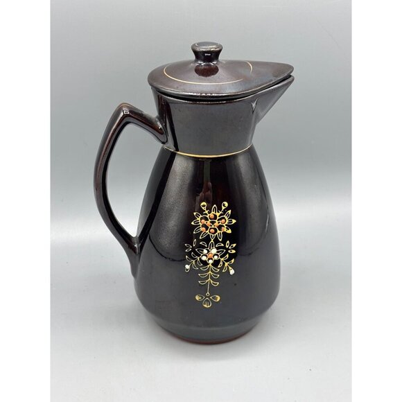 Vtg Redware Coffee Pot Black Ceramic Japan Hand Painted - Picture 1 of 7